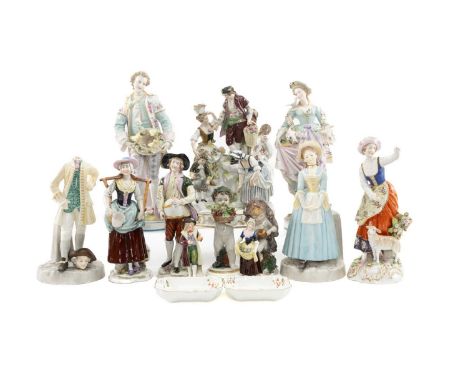 ASSORTED GERMAN PORCELAIN FIGURINES, including Meissen style allegorical figural group of ‘farming’, pair Sitzendorf figures 