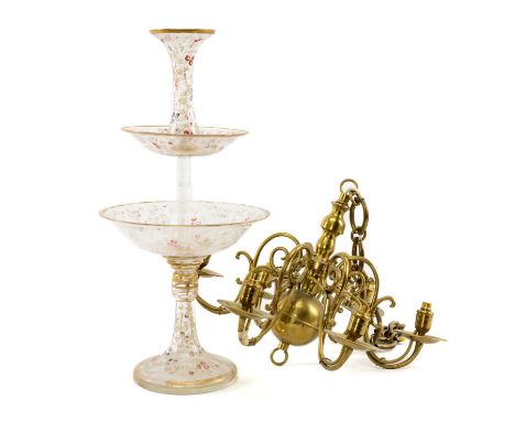 DUTCH STYLE SIX-BRANCH BRASS CEILING LIGHT, candle sconces re-fitted with light sockets, 48cms (diam.), and a large Bohemian 