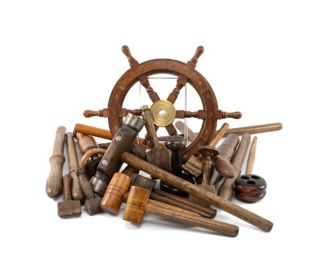COLLECTION OF TREEN SHIPWRIGHTS AND RIGGERS TOOLS, including dead eye, sailmakers seam rubbers, rigging mallets, ships wheel,