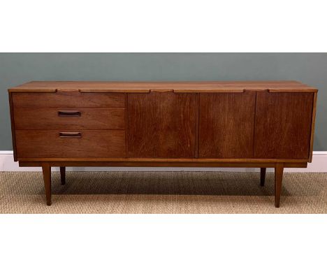 MID-CENTURY TEAK SIDEBOARD BY NATHAN, circa 1960's, central drop-flap drinks cabinet flanked by two-door shelved cupboard and