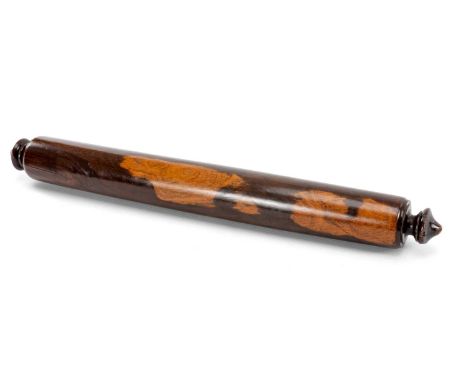 TURNED LIGNUM VITAE ROLLING PIN with finial handles, 44cms (w)Provenance: the Karl Johansen (1937-2021) Collection, by family