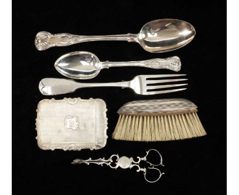 GROUP OF SILVER comprising antique silver shell tongs, silver (800) brush, silver engine turned card case, Birmingham 1845, J