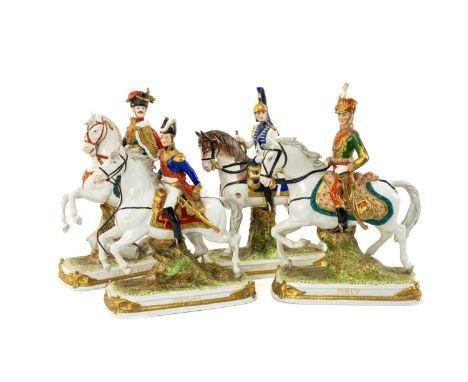 FOUR SCHEIBE ALSBACH PORCELAIN 'THE GENERALS OF NAPOLEON' FIGURES, comprising 'Bertrand', 'Le Prince Eugene', 'Garde Imperial