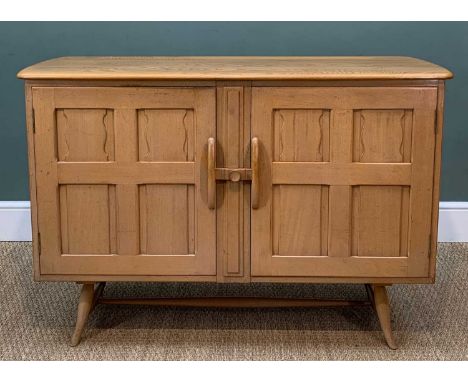 MID-CENTURY ERCOL MODEL 120 SIDEBOARD, late 50's, elm top with 'plate groove', beech body, panelled doors and sides, two inte