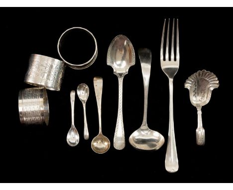 ASSORTED SILVERWARE comprising tea caddy spoon, two salt spoons, egg spoon, ladle, fork and three napkin ringsProvenance: pri