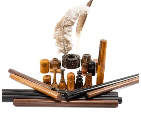 COLLECTION OF TREEN WRITING IMPLEMENTS, including travel inkwells, letter seals, inkwell, pen cases, 8 cylinder rulers, mahog
