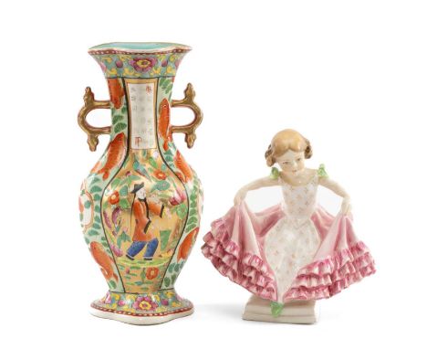 MILES MASON CHINOISERIE BALUSTER VASE, decorated in the Chinese mandarin style, pseudo Chinese mark, 20cms (h); and Freda Dou