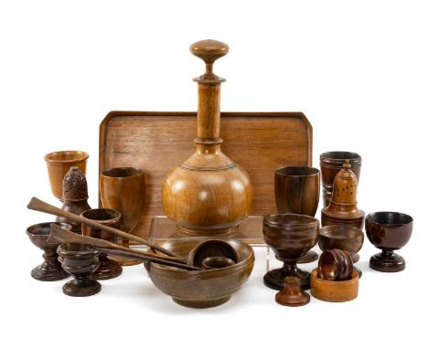 COLLECTION OF TREEN TABLEWARE, including sugar caster, goblets and flask, table salts, toddy ladles, boxwood, mahogany and fr