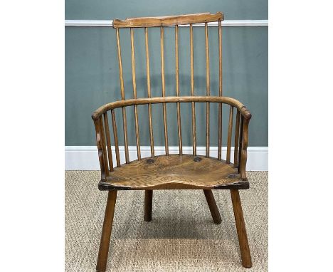 HANDSOME 19TH C. ASH STICK CHAIR, probably English, demilune and undercut saddle seat with hobnail secured iron brackets, sti