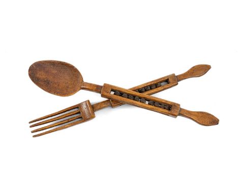 WELSH TREEN SPOON & FORK with caged ball handles, 24cms (h) (2)Provenance: the Karl Johansen (1937-2021) Collection, by famil