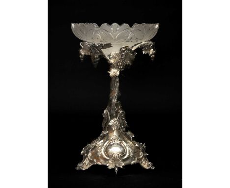 VICTORIAN SILVER ARMORIAL TABLE CENTREPIECE, Mappin & Webb, Sheffield 1894, the triple entwined fruiting vine stem on domed t