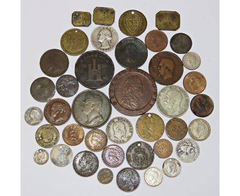 A small collection of 18th century British and world coins and banknotes to include an Irish Penny 1822, American Cent 1863, 