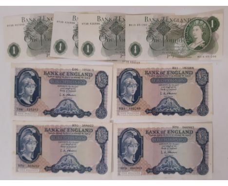 Bank of England, 4 x L K O’Brien £5 notes, serial numbers EO6 125315, H70 066983, H21 182288, H70 358022 together with 5 x Ba