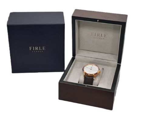 Sennen Automatic Watch by Firle in white and gold with  a two-tiered enamel dial and brown faux croc strap. With hard case, o