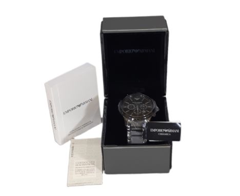 An Emporio Armani black ceramic men's watch with chronograph/ quartz movement, 43mm black dial and ceramic bracelet. Unused w