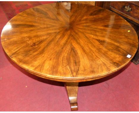 A 19th century walnut radial veneered circular pedestal breakfast table, dia.127cm 