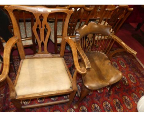 An early 19th century elm Chippendale style provincial elbow chair; together with an early 20th century elm, beech and fruitw