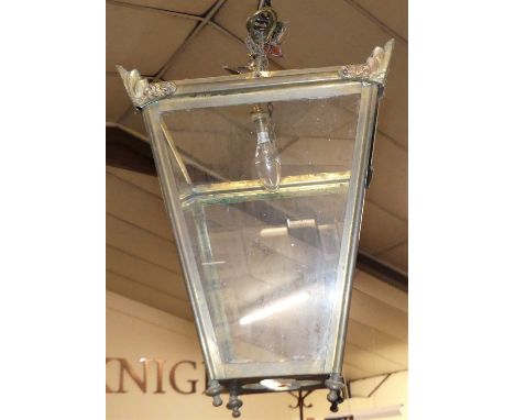 A Victorian style lacquered brass square tapering hanging ceiling lantern HEIGHT 39CM