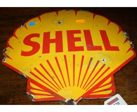 An enamel on metal wall mounted advertising sign titled 'Shell', 33 x 34.5cm