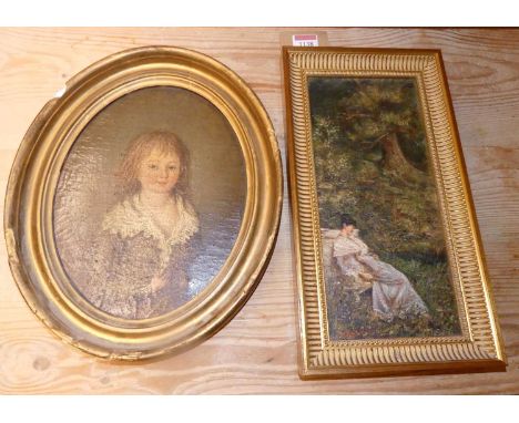 Late 19th century school - Lone maiden resting in the woods, oil on canvas, indistinctly signed lower left, 30 x 13cm; and a 