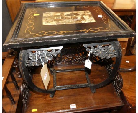 An Oriental black painted and mother of pearl inset square low occasional table, w.46cm 