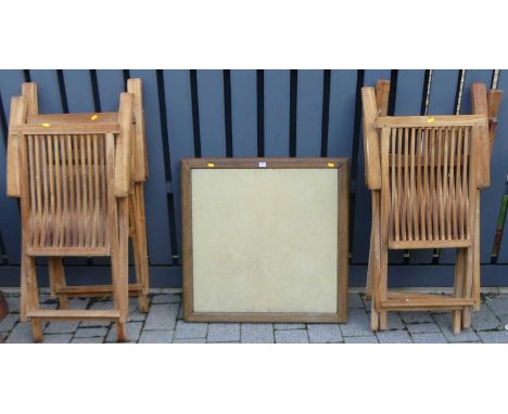 A contemporary teak square folding garden table, w.81cm; together with a set of four teak slatted folding garden armchairs (5