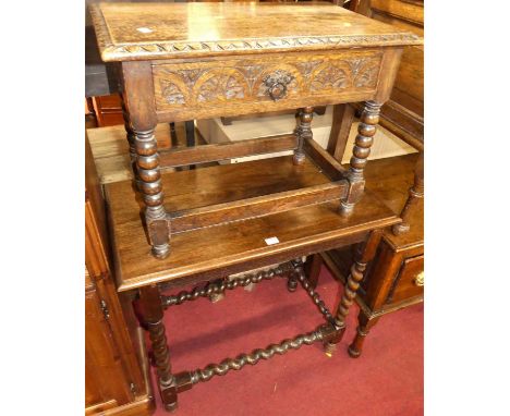 An early 20th century oak barleytwist side table; together with a low single drawer bobbin turned oak occasional table (2)