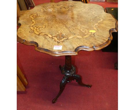 A mid-Victorian figured walnut and floral satinwood inlaid piecrust topped pedestal tripod occasional table, dia.53cm 