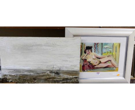 Robert Thompson - Nude figure study, gouache, signed lower right, 28x38cm, and Jade Bird - Seascape, oil (2)