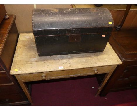 A Victorian scrumble finished pine single drawer side table, w.92cm; together with a 19th century stained pine dome topped tr