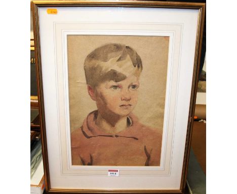 20th century English school - portrait of a young boy, watercolour with pencil on tinted paper, 35.5cm x 25.5cm, Chris Beetle