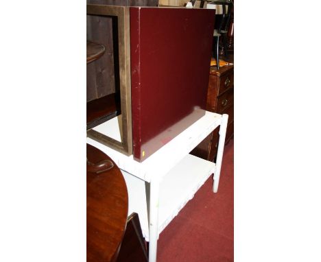 A contemporary white painted two-tier occasional table, having unusual outer block-work design, w.95cm; together with a conte