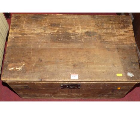 A 19th century rustic pine and metal bound hinge topped tool chest, w.62cm 
