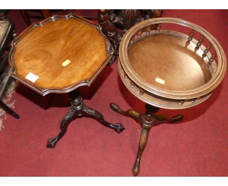 A mahogany floral carved pedestal wine table, having a shaped top, h.54cm; together with a mahogany circular gallery topped e