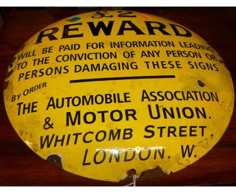 An enamel on metal circular convex wall sign titled '£2 reward', dia.29.5cm