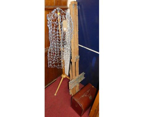 A beech artist's easel; tan leather Gladstone bag; and a tailors dummy (3)