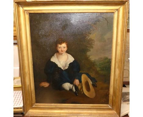19th century English school - portrait of a young boy in seated pose with straw boater, oil on canvas, 75x62cm