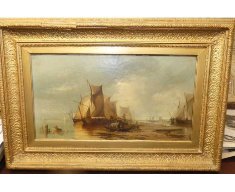 19th century English school - Fishing boats at low tide, oil on canvas, 30x55cmOriginal canvas and stretcher. UV lamp shows s