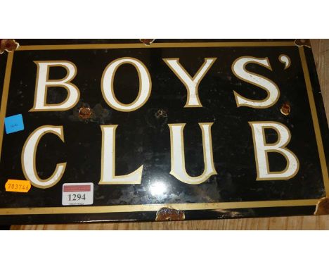 An enamel on metal wall sign titled 'Boys' Club', 21.5 x 37cm