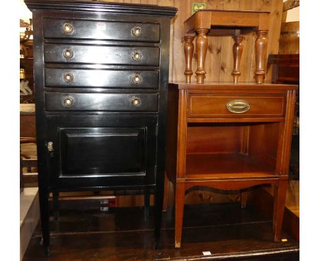 An Edwardian ebonised ledgeback music chest, w.55cm; together with a mahogany lamp table; and a rustic mahogany milking stool