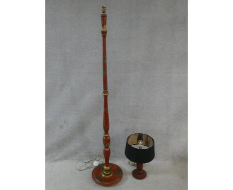 A vintage red lacquered Chinoiserie lamp standard and a similar table lamp and shade. H.162cm 