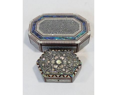 Two vintage Damascus style jewellery boxes with all over bone, mother of pearl and abalone micro mosaic inlay. H.7 W.28 D.19c