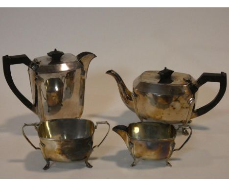 A vintage Mappin and Webb silver plated four piece tea set, viz; teapot, coffee pot, sugar bowl and milk jug. 