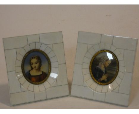 A pair of 19th century miniature watercolours, medieval style portrait studies in gilt metal and ivory easel frames. 13x12cm 