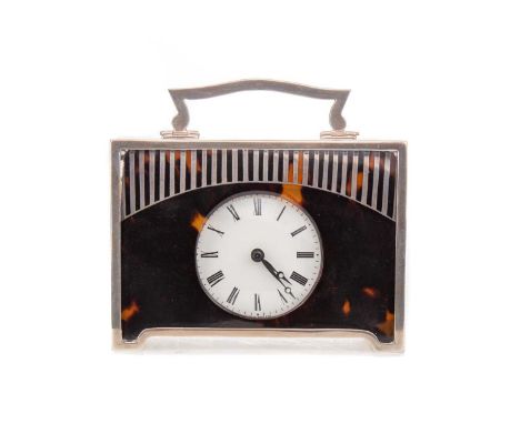 GEORGE V SILVER AND TORTOISESHELL MOUNTED TIMEPIECE LIKELY HORTON &amp; ALLDAY, BIRMINGHAM 1923 with swing handle, the white 