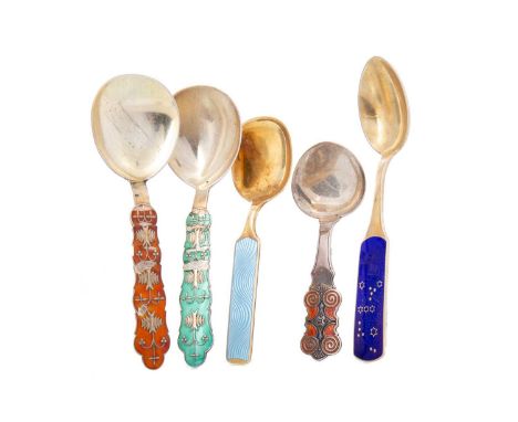 FOUR NORWEGIAN SPOONS AND A DANISH SILVER AND ENAMEL SPOON VARIOUS MAKERS two by Jacob Torstrup of Norway, one by Theodor Ols