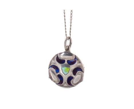 ART NOUVEAU SILVER AND ENAMEL PENDANT JAMES FENTON, BIRMINGHAM 1909 of circular form, decorated with stylised motifs, on asso