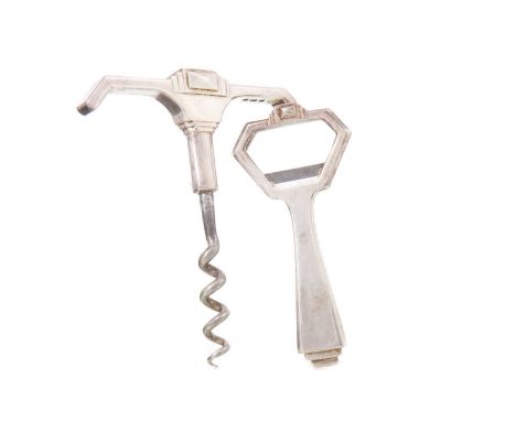 ART DECO SILVER BOTTLE OPENER AND CORKSCREW SET WAKELY &amp; WHEELER, LONDON 1938 with stepped angular handles, the corkscrew