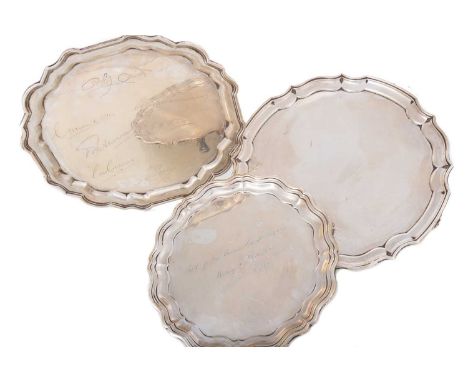 GEORGE V SILVER SALVER FENTON BROS., SHEFFIELD 1934 with scalloped border, on four foliate cast bracket feet, along with two 