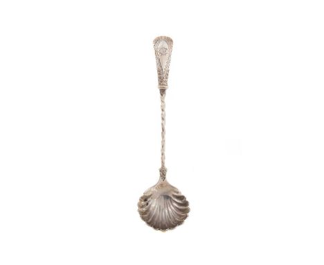 VICTORIAN SILVER LADLE S. SMITH &amp; SON, LONDON 1877 with spiral stem and scalloped bowl, engraved initials to terminal15cm